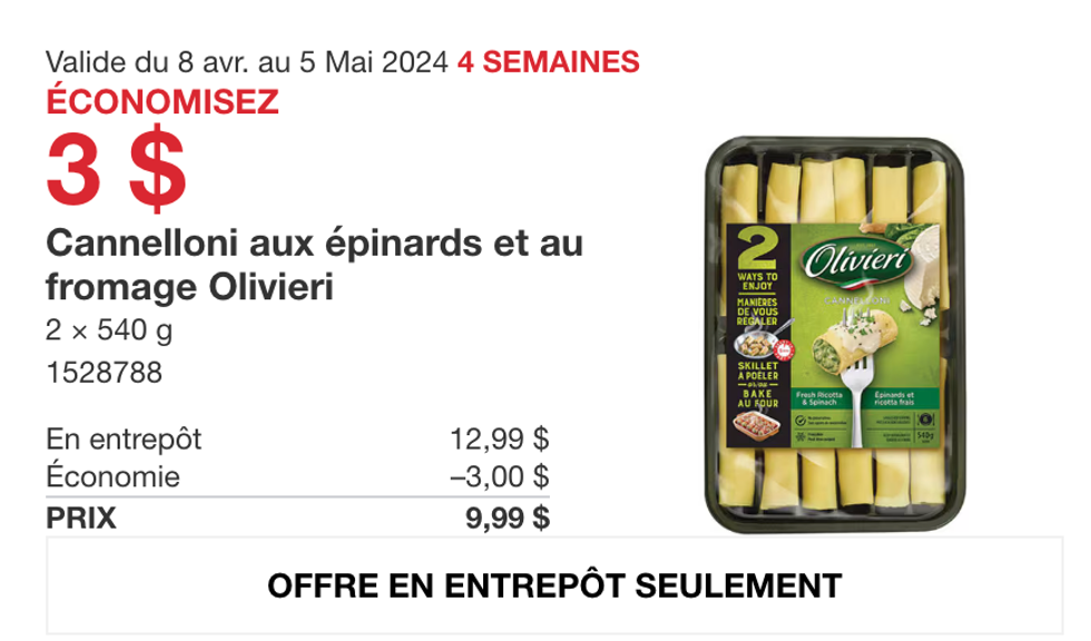 Le rabais sur les cannelloni aux \u00e9pinards et au fromage dans la circulaire du Costco.