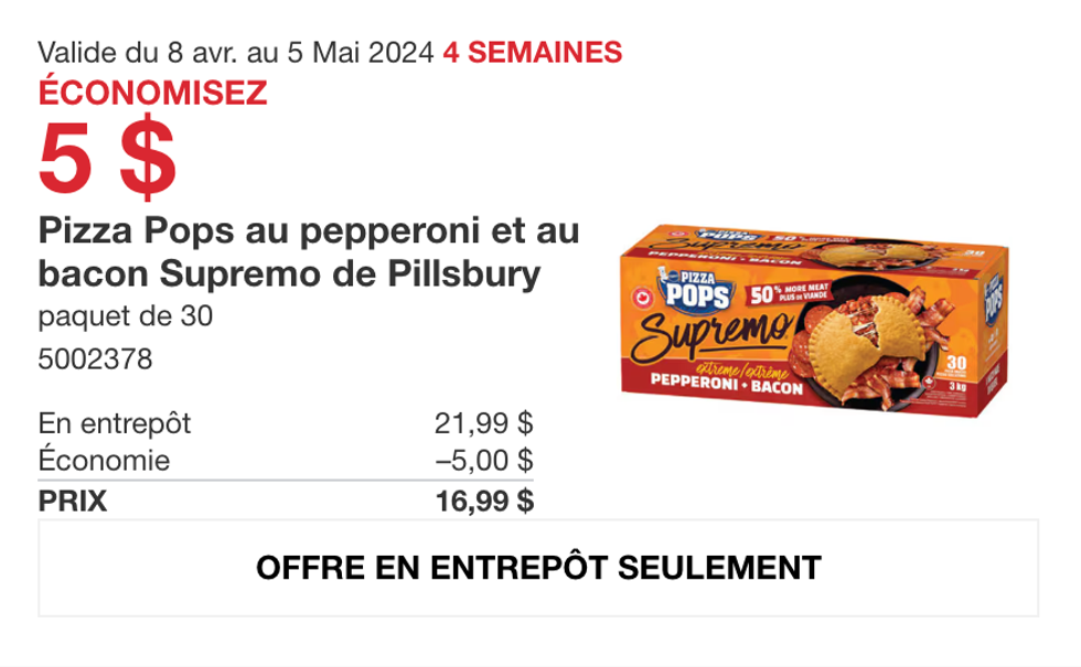Le rabais sur les Pizza Pops Supremo de Pillsbury dans la circulaire du Costco.
