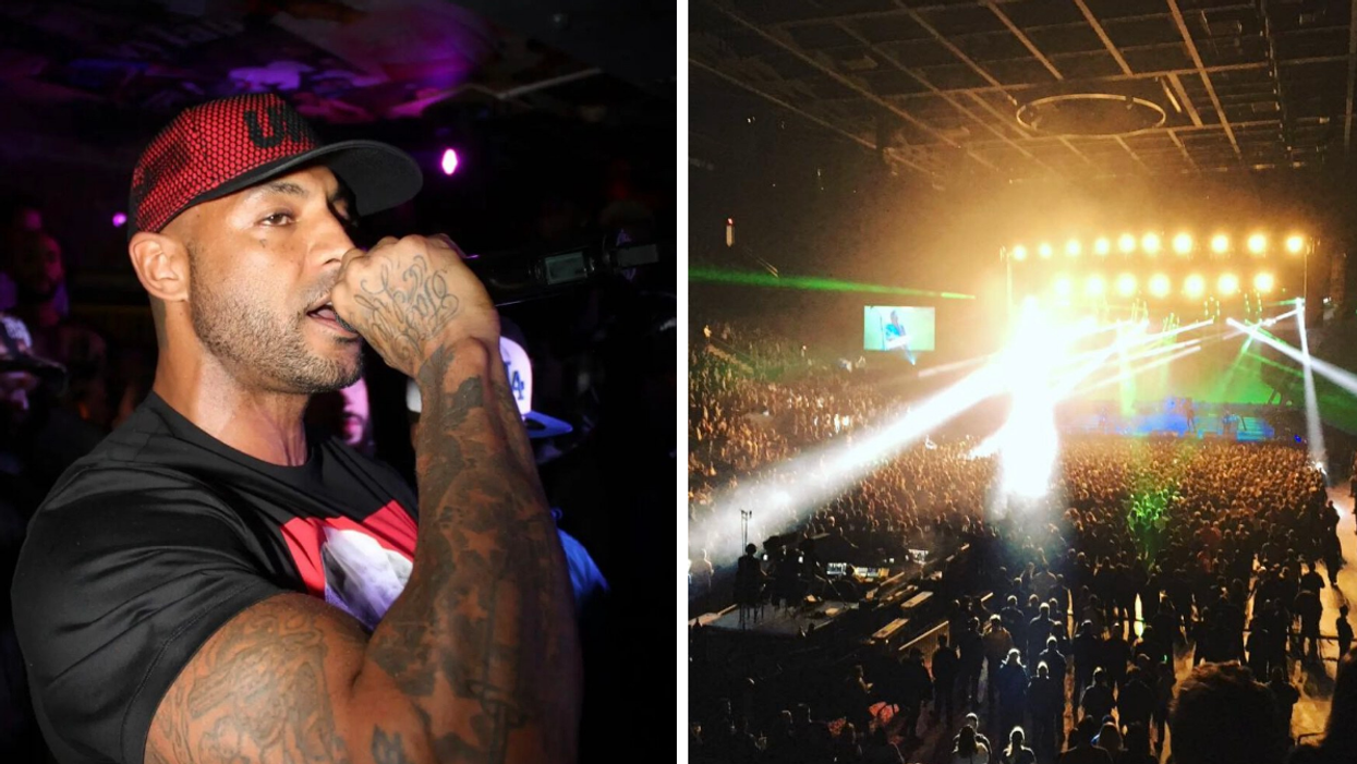 Le rappeur Booba. Droite : Spectacle à la Place Bell.