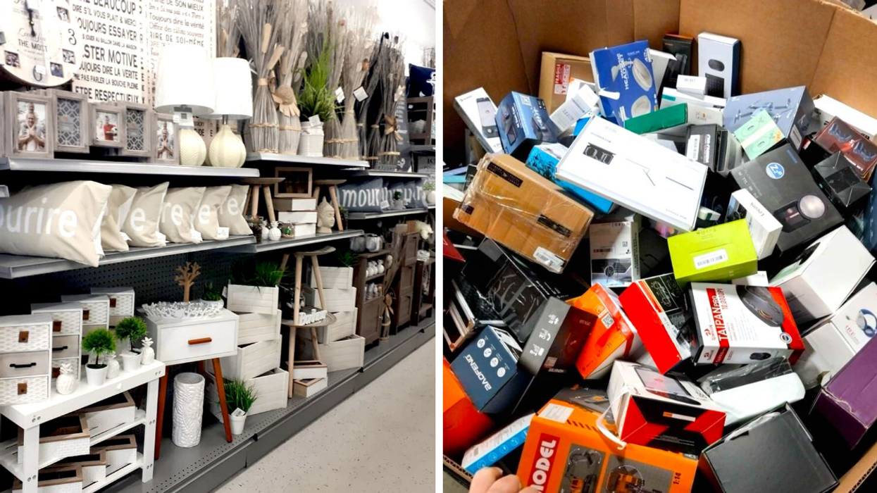 Le rayon décoration du Magi-Prix. Droite : Les retours d'Amazon de 18.Liquidation.