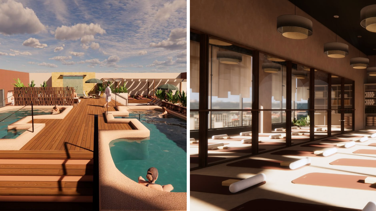 Le rendu 3D du spa AWU. Droite : Le rendu 3D du studio de mouvement du spa AWU.