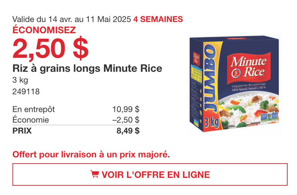 Le riz \u00e0 grains longs Minute Rice dans la circulaire du Costco.