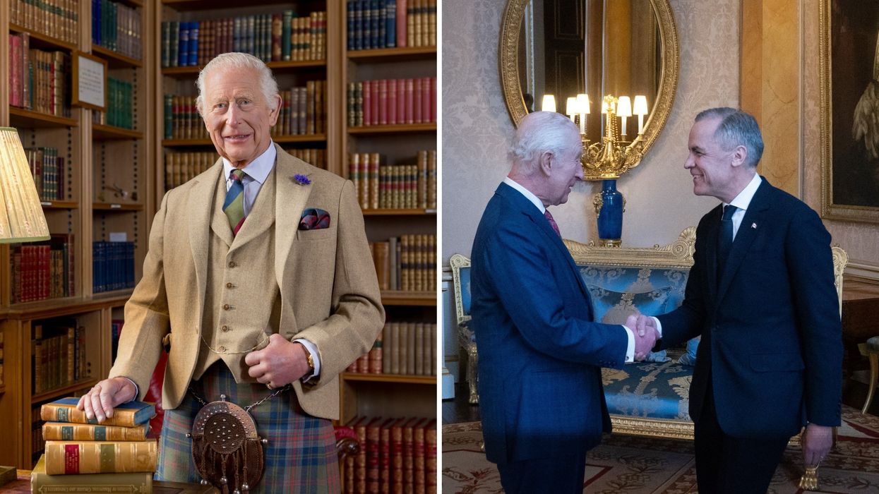 Le roi Charles III. Droite : Charles III et Mark Carney