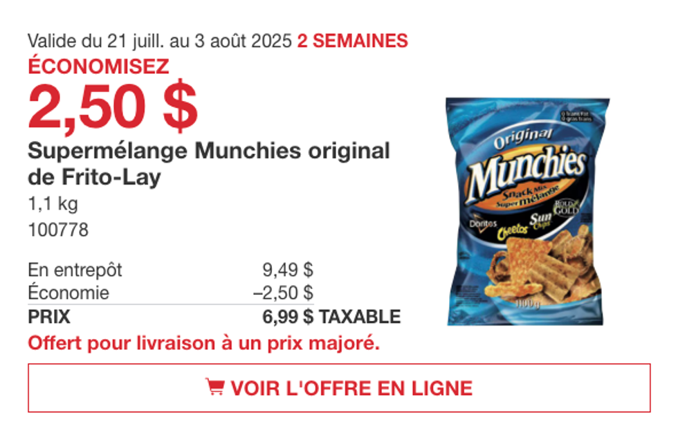 Le sac de 1,1 kg de super m\u00e9lange Munchies original rep\u00e9r\u00e9 dans la circulaire du Costco.