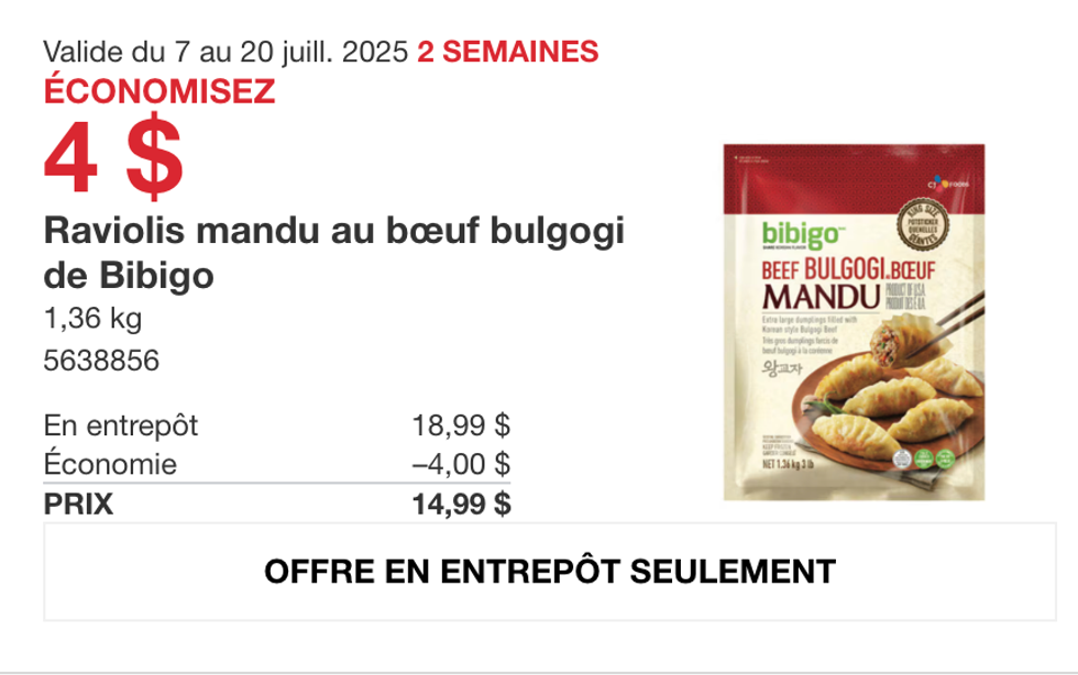 Le sac de 1,36\u202fkg de raviolis mandu au b\u0153uf bulgogi de Bibigo dans la circulaire du Costco.