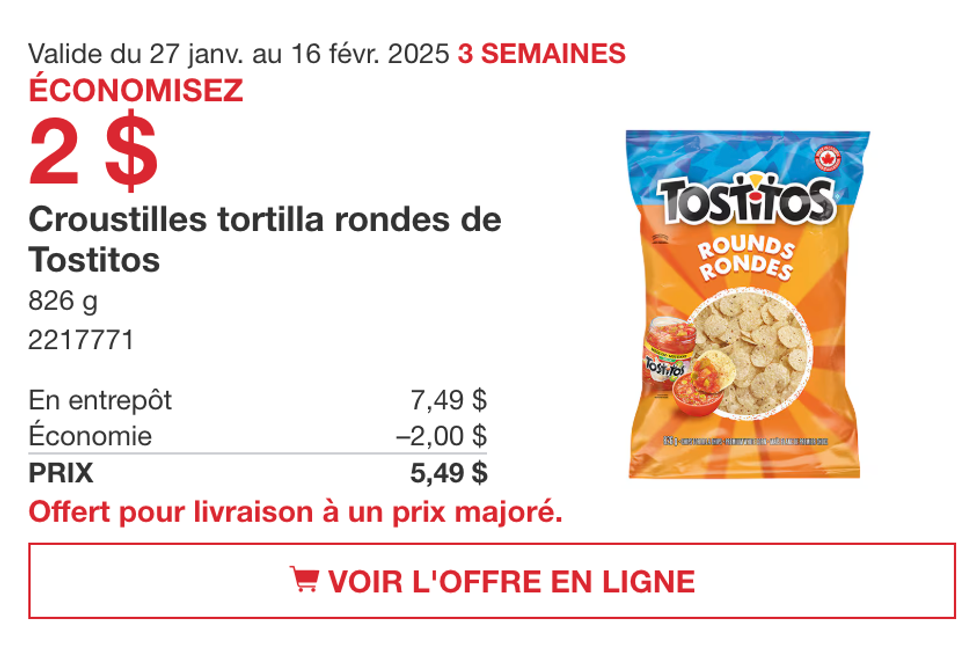 Le sac de croustilles tortilla rondes de Tostitos dans la circulaire en ligne du Costco.
