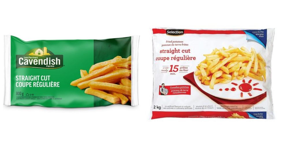 Le sac de frites Les Fermes Cavendish sur le site du Maxi. Droite : Le sac de frites Selection sur le site du Super C.