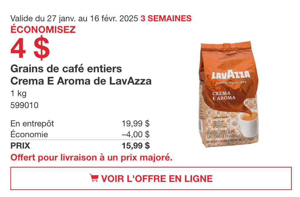 Le sac de grains de caf\u00e9 entiers Crema E Aroma de LavAzza dans la circulaire en ligne du Costco.