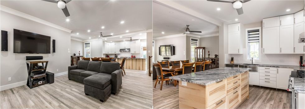 Le salon. Droite : La cuisine et la salle \u00e0 manger.