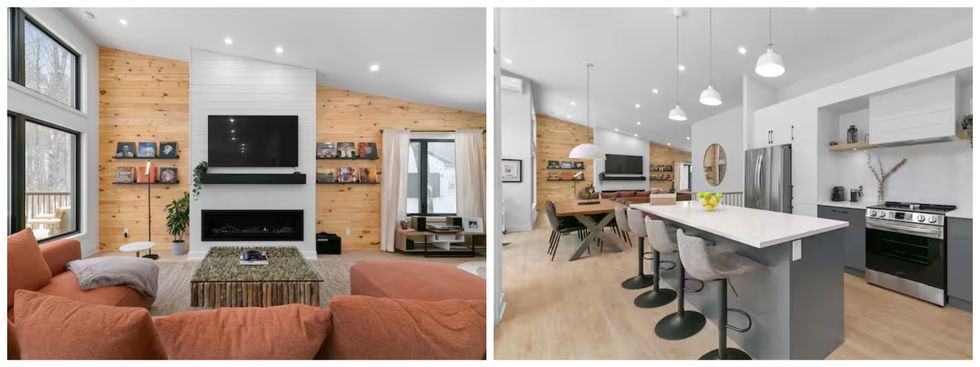 Le salon. Droite : La cuisine.