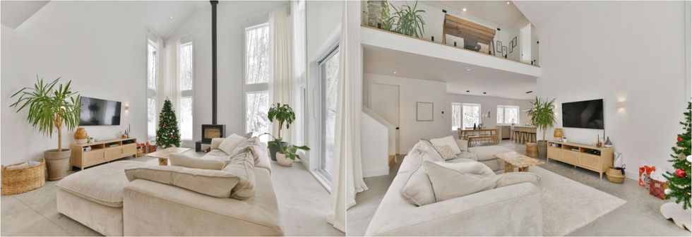 Le salon. Droite : Vue sur la salle \u00e0 manger et la mezzanine du salon.