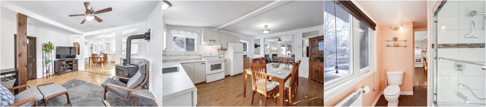 Le salon du 42, 4e Avenue, Laval, QC. Centre : La cuisine et la salle \u00e0 manger d'une maison \u00e0 vendre \u00e0 Laval. Droite : La salle de bain du 42, 4e Avenue, Laval, QC.