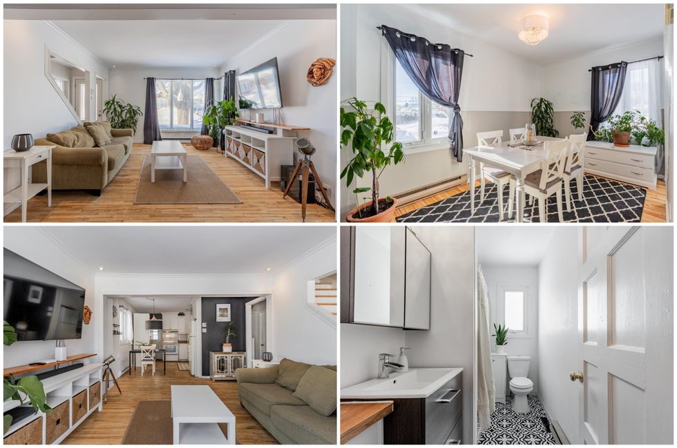 Le salon et l'entr\u00e9e. Droite : La salle \u00e0 manger. Bas gauche : Salon et cuisine. Bas droit : La salle de bain.