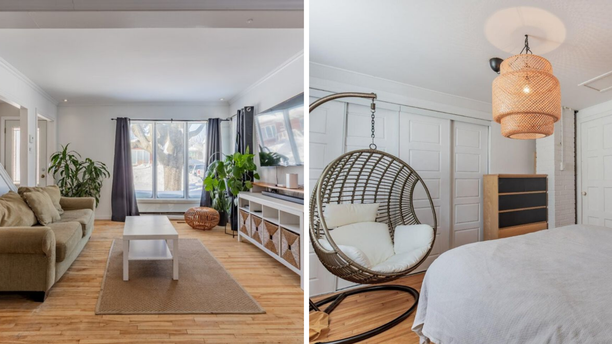 Le salon et l'entrée d'une maison à vendre au Québec. Droite : Chambre d'une maison à vendre à Sorel-Tracy.