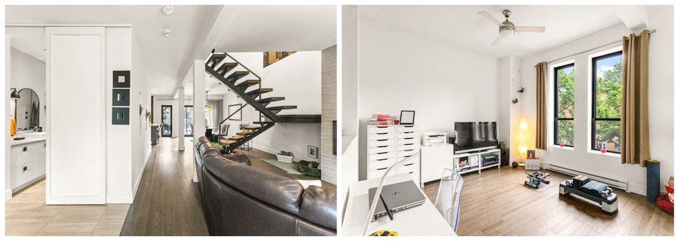 Le salon et la salle d'eau. Droite : La seconde chambre.