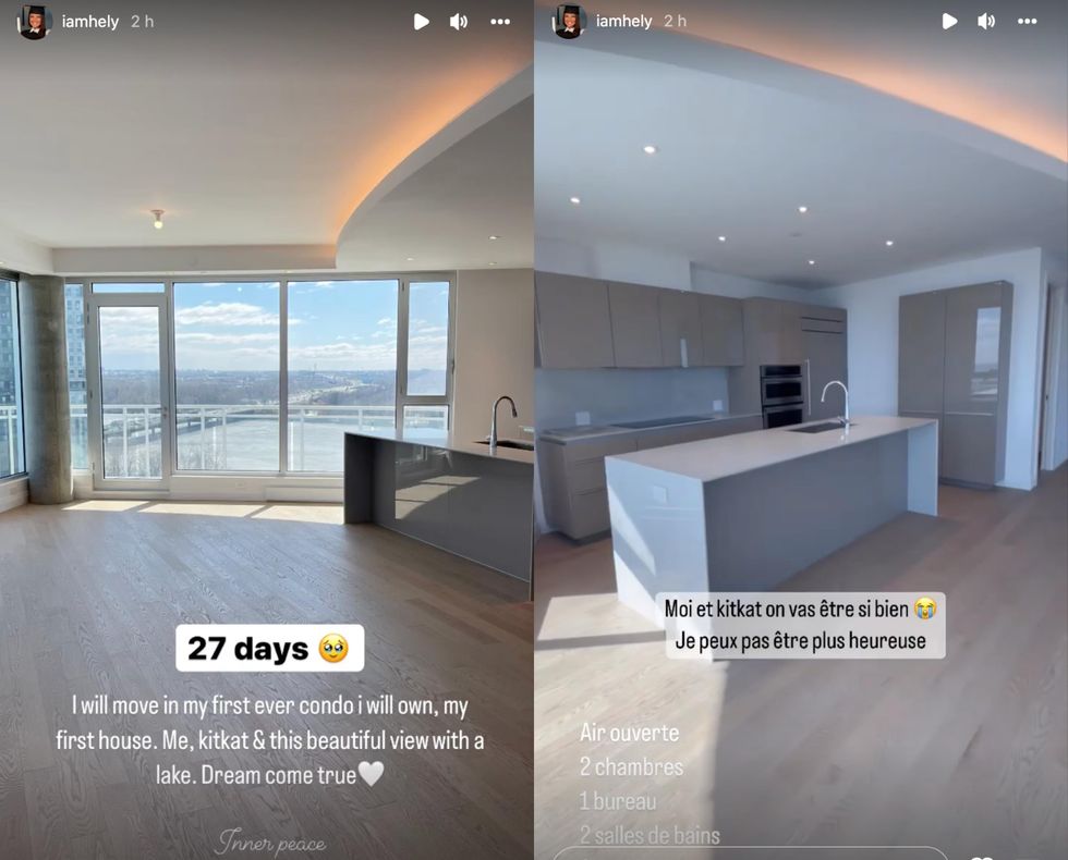 Le salon et la vue. Droite : La cuisine.