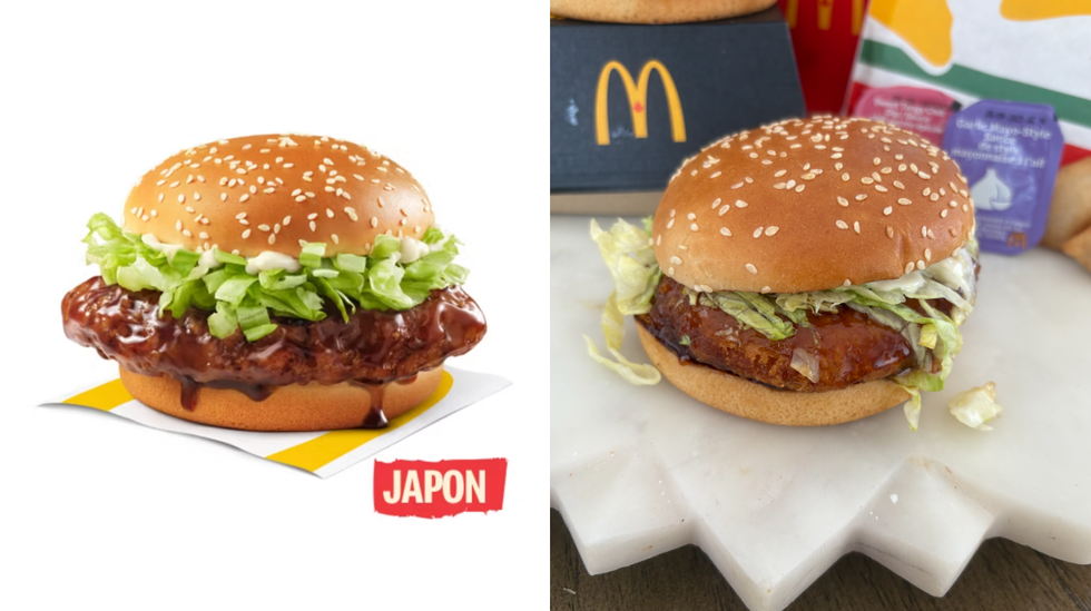 Le sandwich au poulet teriyaki\u202f sur le site du McDonald's. Droite : Le sandwich au poulet teriyaki\u202f command\u00e9 au McDonald's.