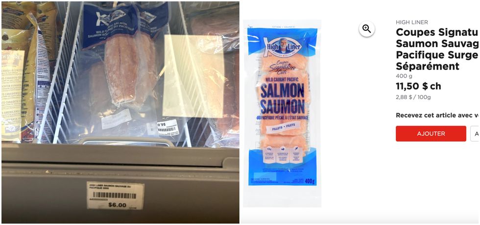 Le saumon sauvage du Pacifique High Liner au Liquidation Marie de Montr\u00e9al. Droite : Le saumon sauvage du Pacifique High Liner sur le site du Maxi.
