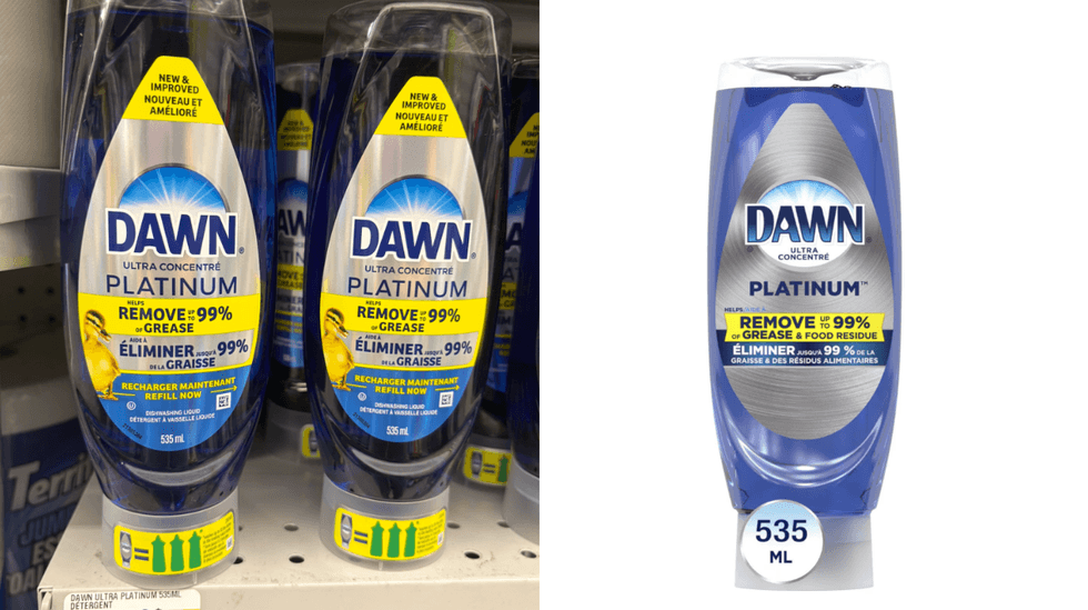 Le savon \u00e0 vaisselle Dawn Platinum EZ-Squeeze sur les tablettes du Dollarama. Droite : Le savon \u00e0 vaisselle Dawn Platinum EZ-Squeeze sur le site de Walmart.