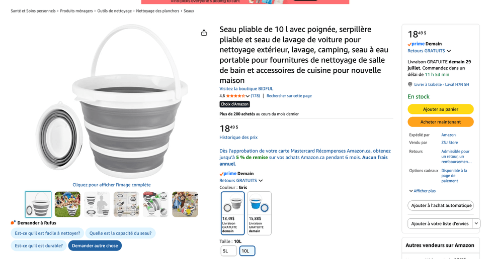 Le seau de la marque BIDFUL sur le site d'Amazon Canada.