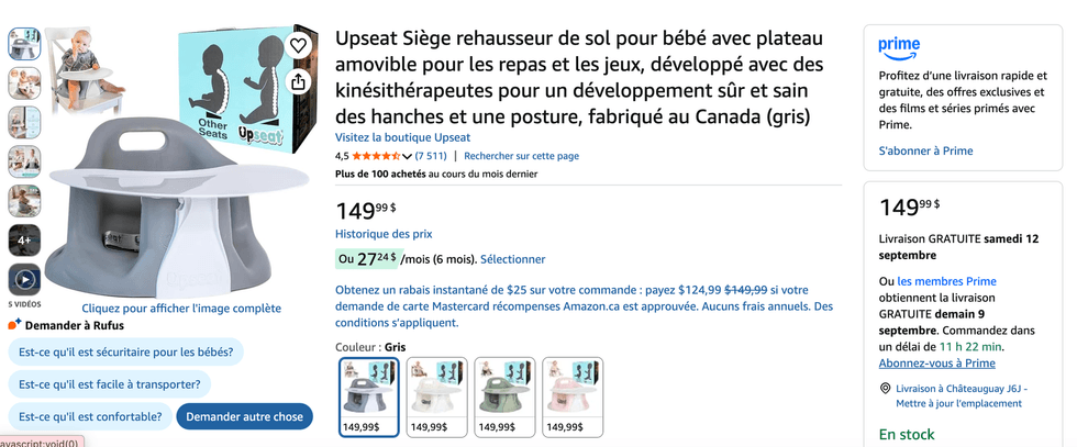 Le si\u00e8ge Upseat pour b\u00e9b\u00e9 avec plateau amovible sur le site d'Amazon Canada.