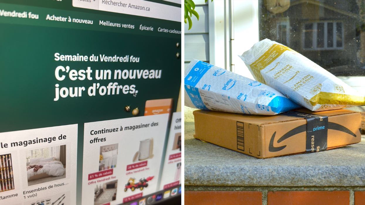 Le site d'Amazon Canada. Droite : Des colis Amazon sur un porche.
