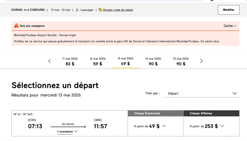 Le site de r\u00e9servation de voyage VIA Rail.