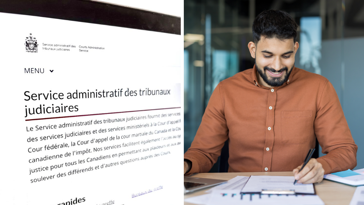Le site du Service administratif des tribunaux judiciaires. Droite : Une personne qui travaille.