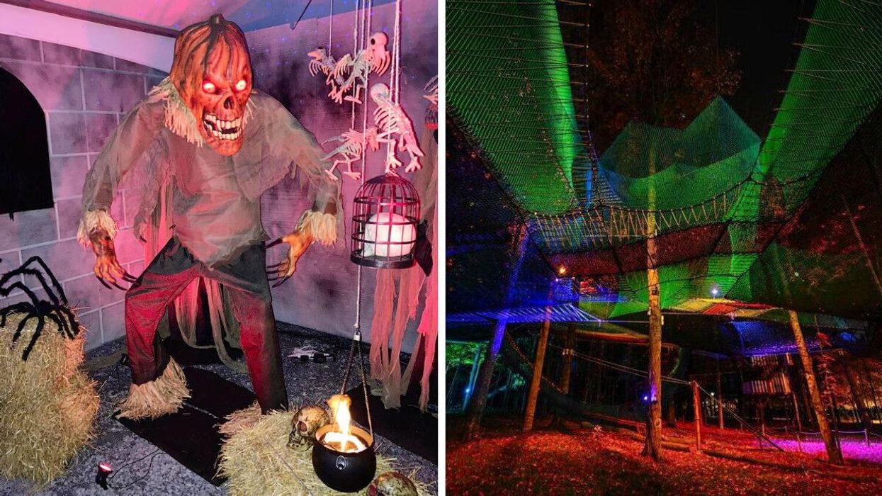 Le site hanté Hemingford. Droite : Le parcours de trampolines upla la nuit.
