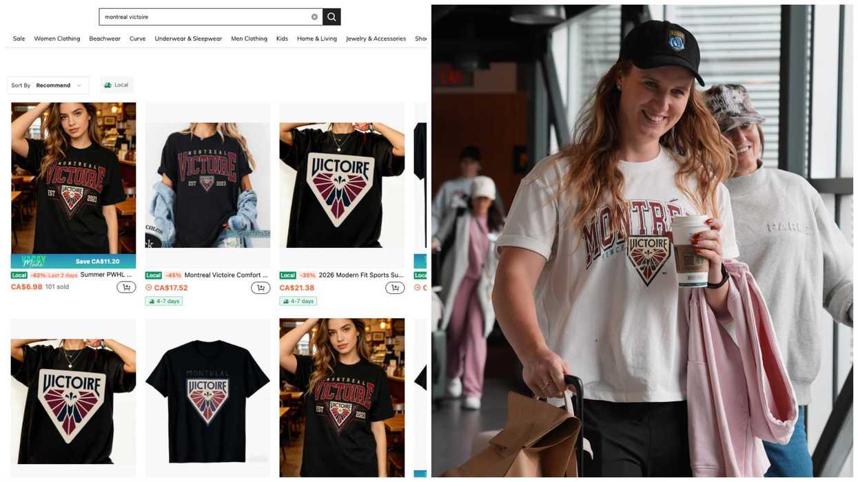 Le site Web de Shein avec les nombreux items à l'image de la Victoire de Montréal. Droite : Ann-Marie Desbiens.