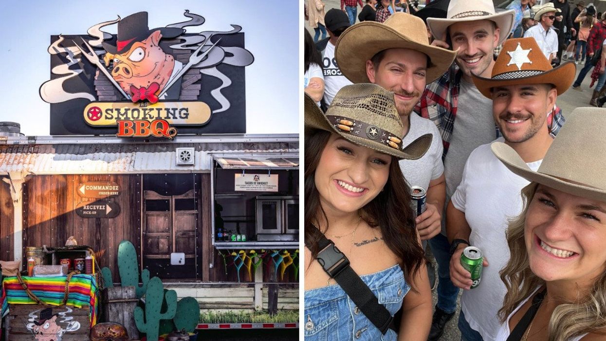 Le Smoking BBQ. Droite : Des festivaliers et festivalières avec des chapeaux de cowboy.