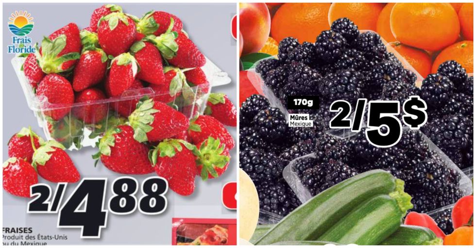 Le sp\u00e9ciale de circulaire du IGA affichant un casseau d\u00e9bordant de fraises. Droite : Des casseaux de m\u00fbres de