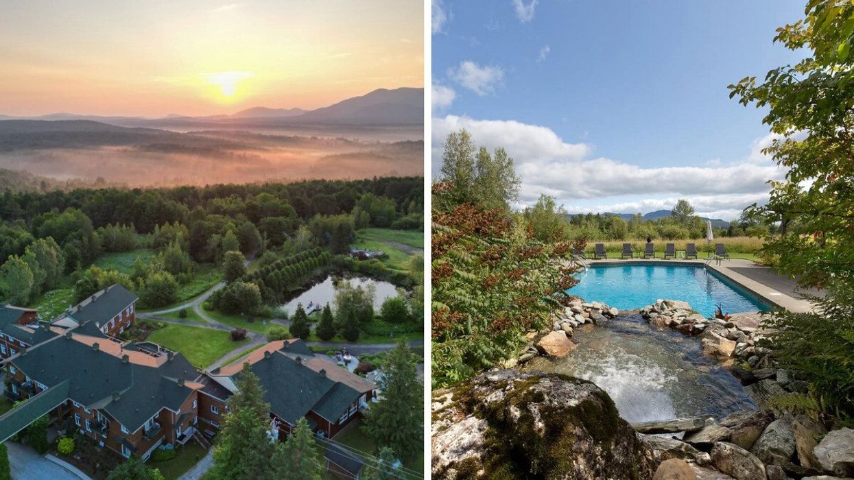 Le Spa Eastman vu de haut. Droite : La piscine au Spa Eastman.