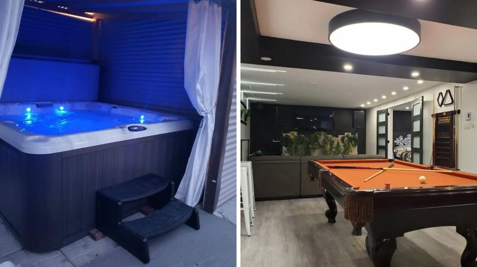 Le spa sur la terrasse. Droite : L'int\u00e9rieur du Airbnb \u00e0 Longueuil.