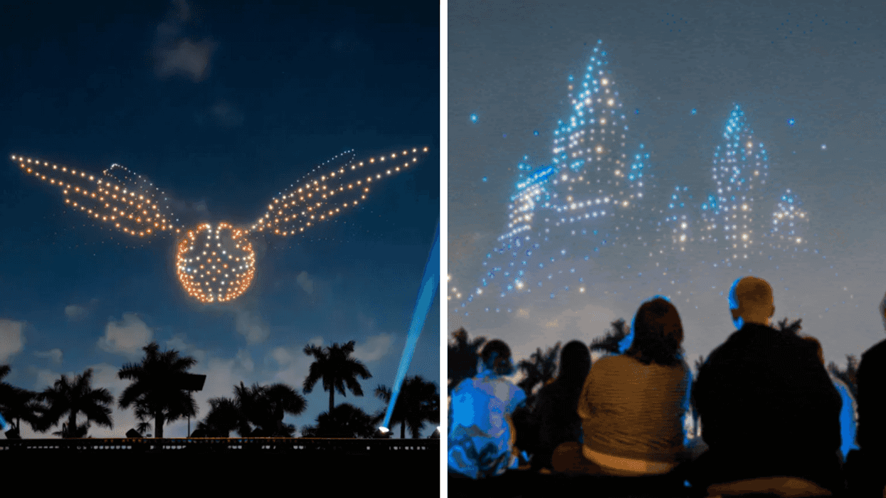 Le spectacle de drones lumineux formant le Vif d'or. Droite : Des gens assis pour regarder le spectacle de drones formant Poudlard.