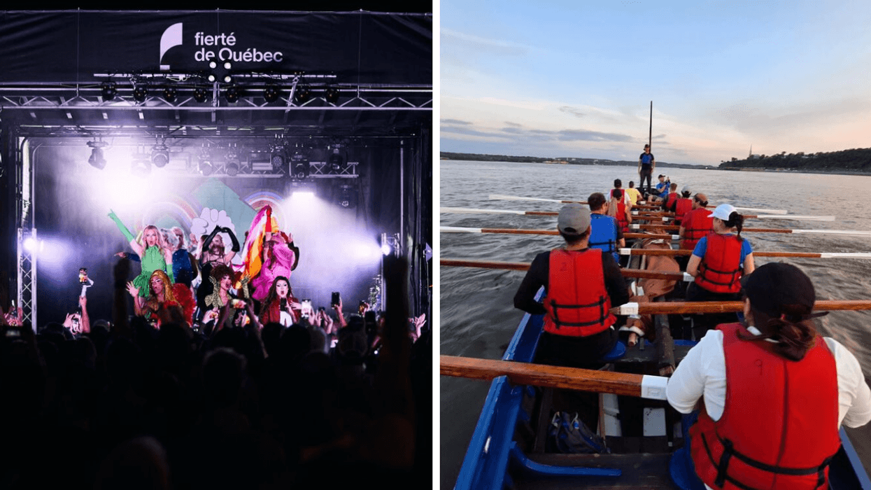 Le spectacle de la Fierté de Québec. Droite : Des gens à bord d'une yole de Bantry.