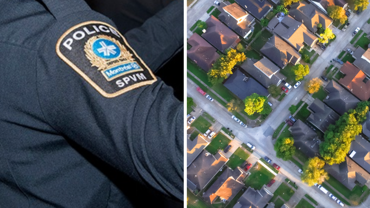Le SPVM. Droite : Des maisons.