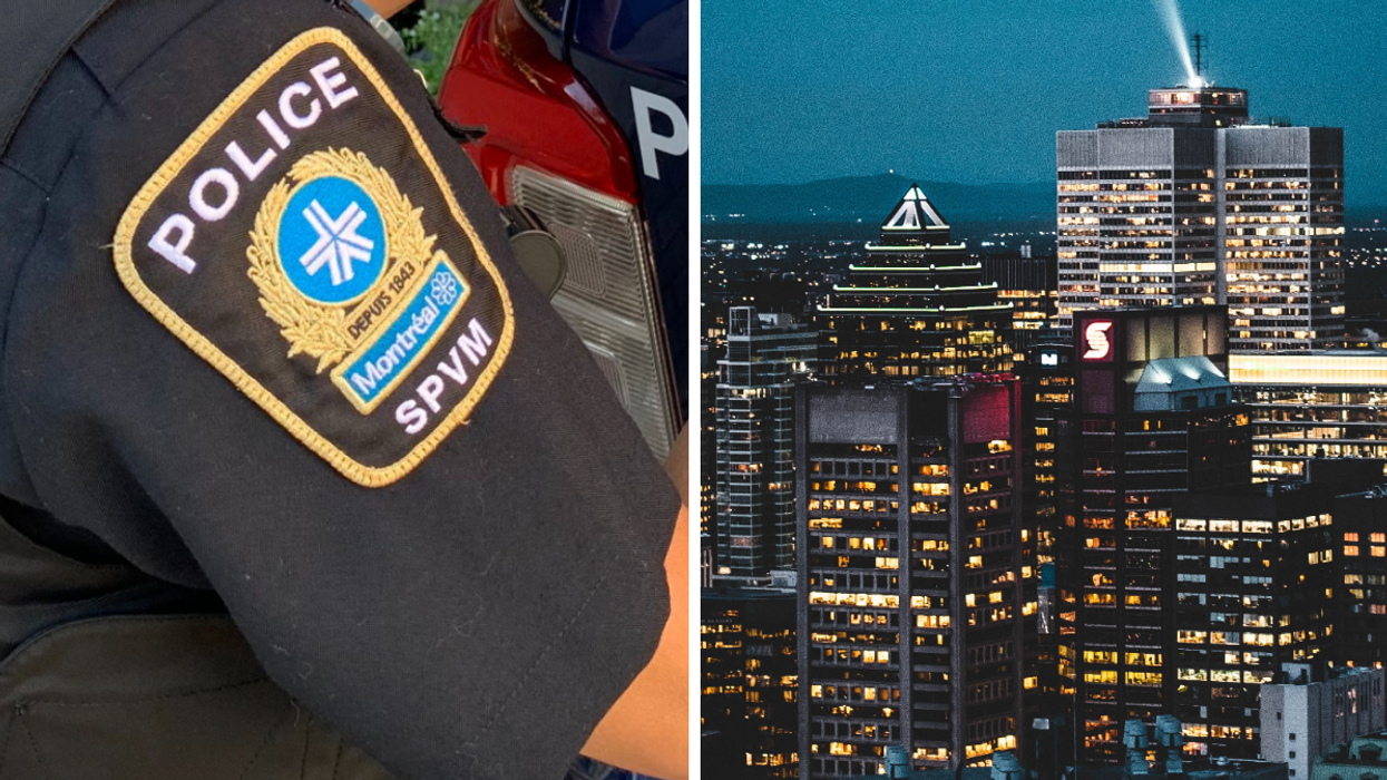 Le SPVM. Droite : Le centre-ville de Montréal.