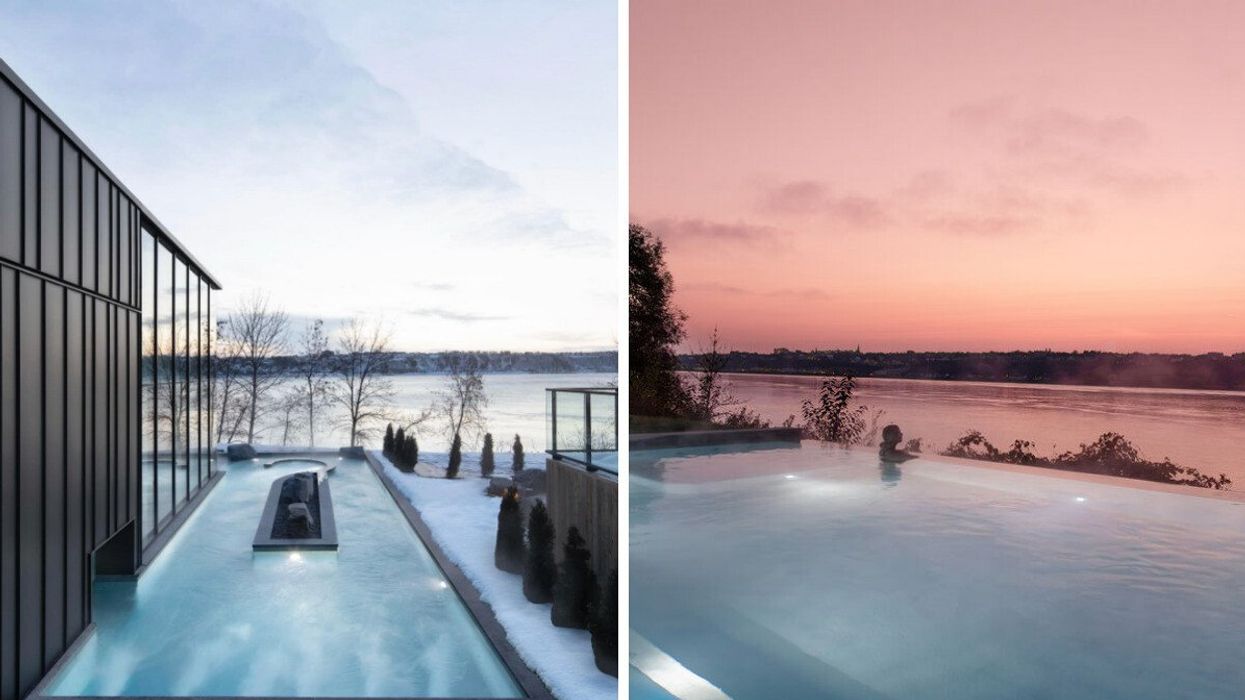 Le Strom Spa à Québec. Droite : La piscine infinie du Strom Spa à Québec.