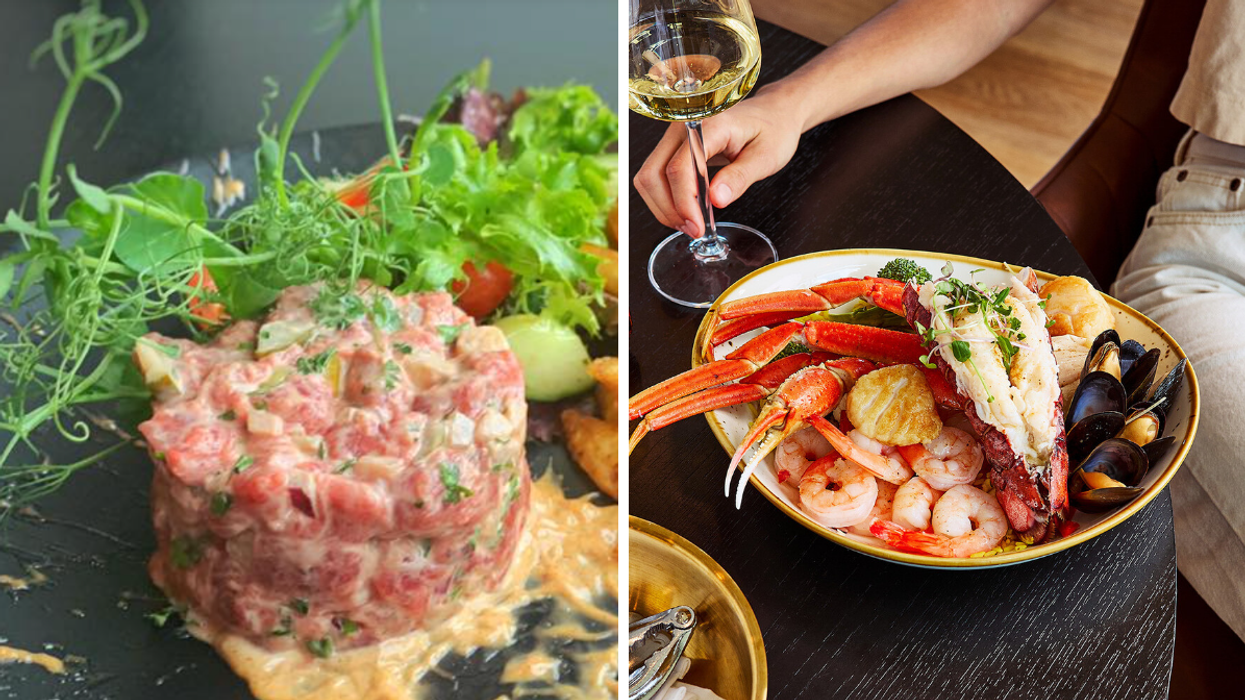 Le tartar du restaurant Le Rouge Vin. Droite : Le plat de fruit de mer à volonté.