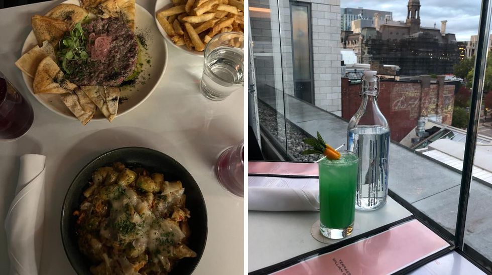 Le tartare de boeuf et les gnocchis de homard. Droite : Le cocktail Classique d'automne.