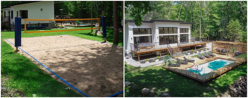 Le terrain de volleyball. Droite : L'arri\u00e8re du chalet et la piscine.