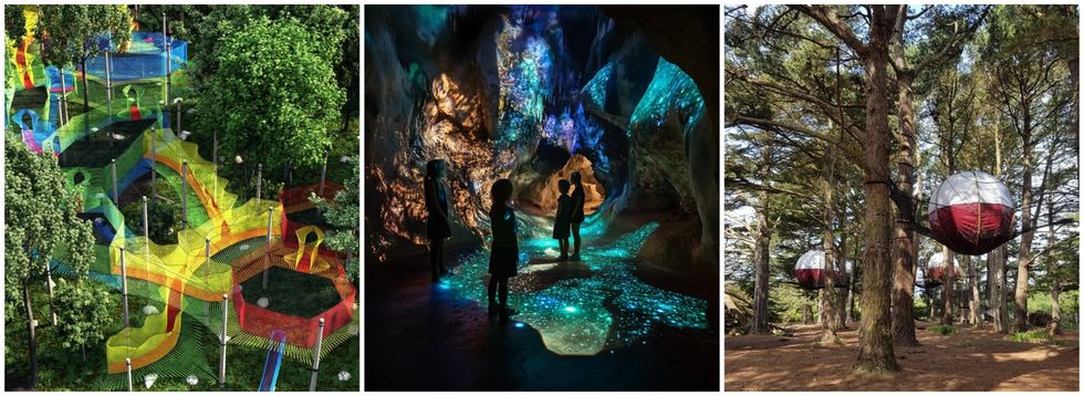 Le trampoline g\u00e9ant de upla en Outaouais. Centre : La caverne illumin\u00e9e oba en Outaouais. Droite : Les tentes sph\u00e9riques seront suspendues.