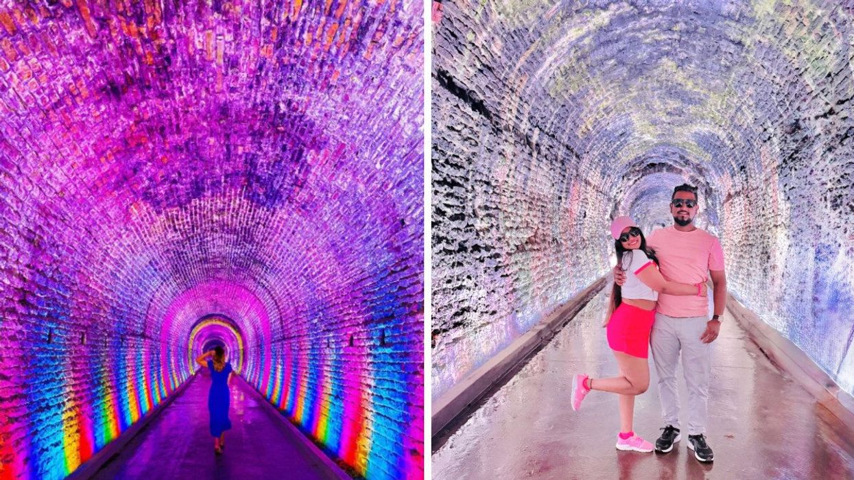 Le tunnel ferroviaire de Brockville tout illuminé en arc-en-ciel. Droite : Un couple dans le tunnel ferroviaire de Brockville.