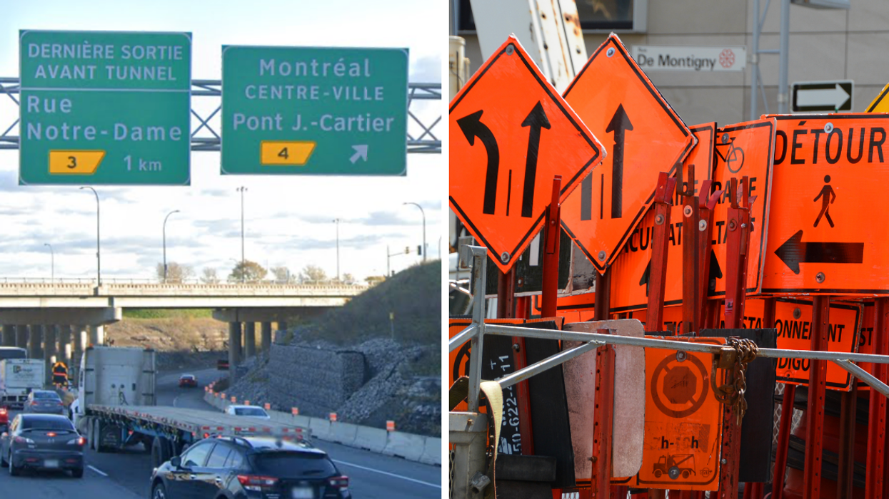 Le tunnel Louis-Hippolyte-La Fontaine. Droite : Des panneaux de signalisation de travaux.