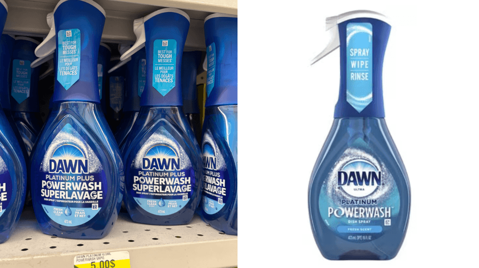 Le vaporisateur pour la vaisselle Dawn Platinum Powerwash sur les tablettes du Dollarama. Droite : Le vaporisateur pour la vaisselle Dawn Platinum Powerwash sur le site de Walmart.