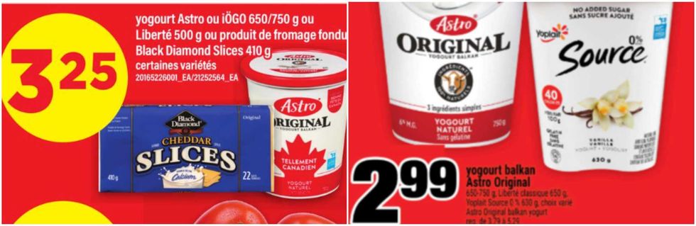 Le yogourt Astro et le fromage Black Diamond dans la circulaire du Maxi. Droite : Les yogourts Astro et i\u00d6GO dans la circulaire du Super C.