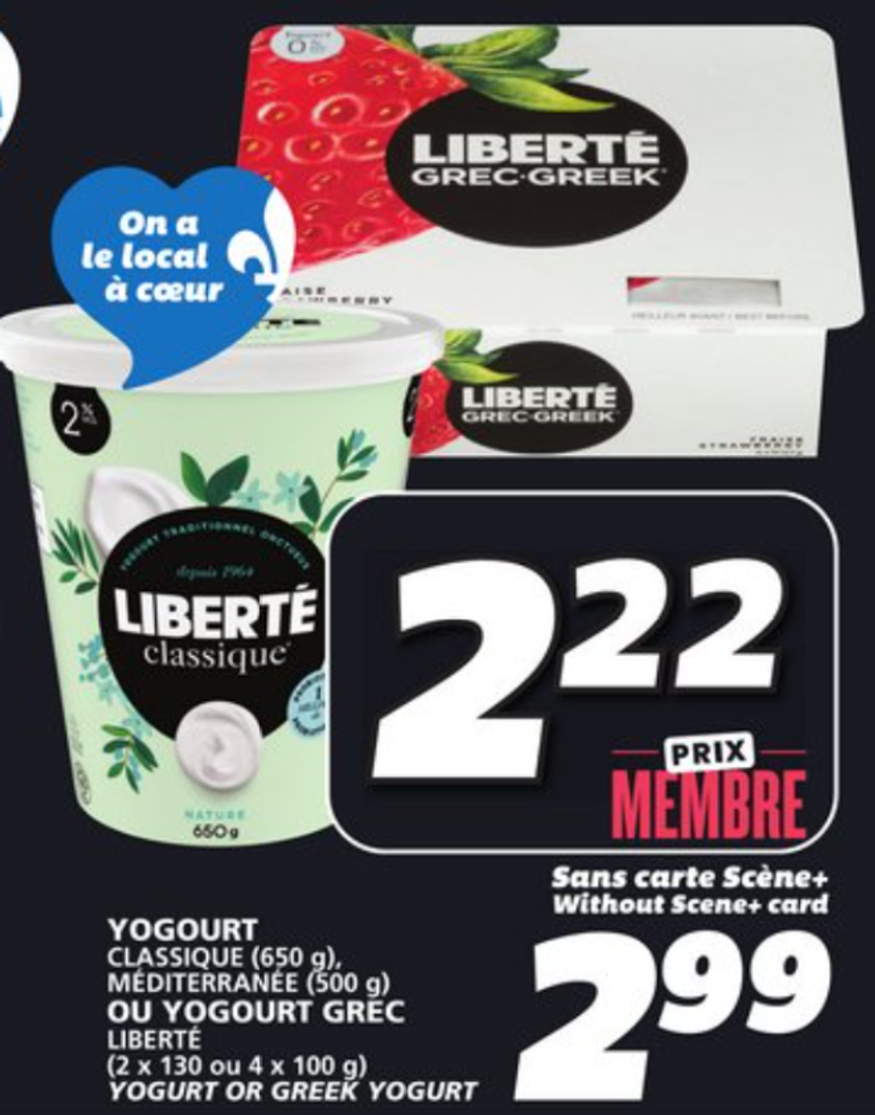 Le yogourt Libert\u00e9 en rabais dans la circulaire du IGA.
