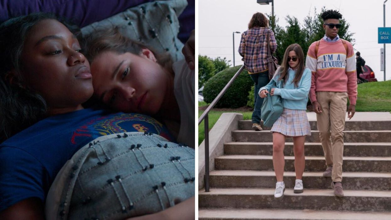Lead characters Juliette and Calliope lay together. Right: Two students walk down stairs outside.