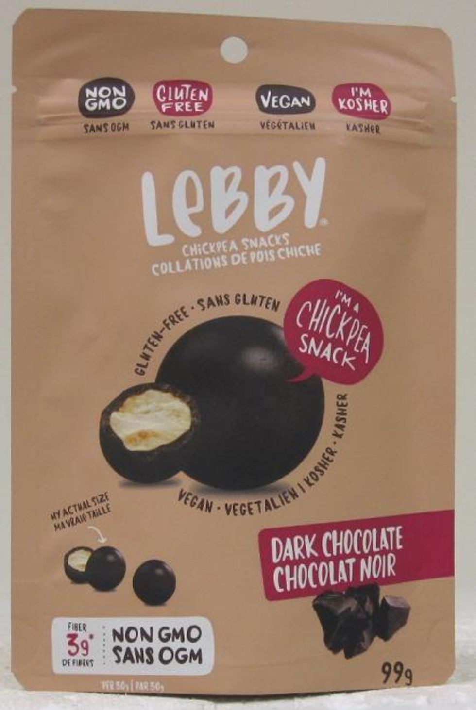 Lebby brand Dark Chocolate Chickpea Snacks.